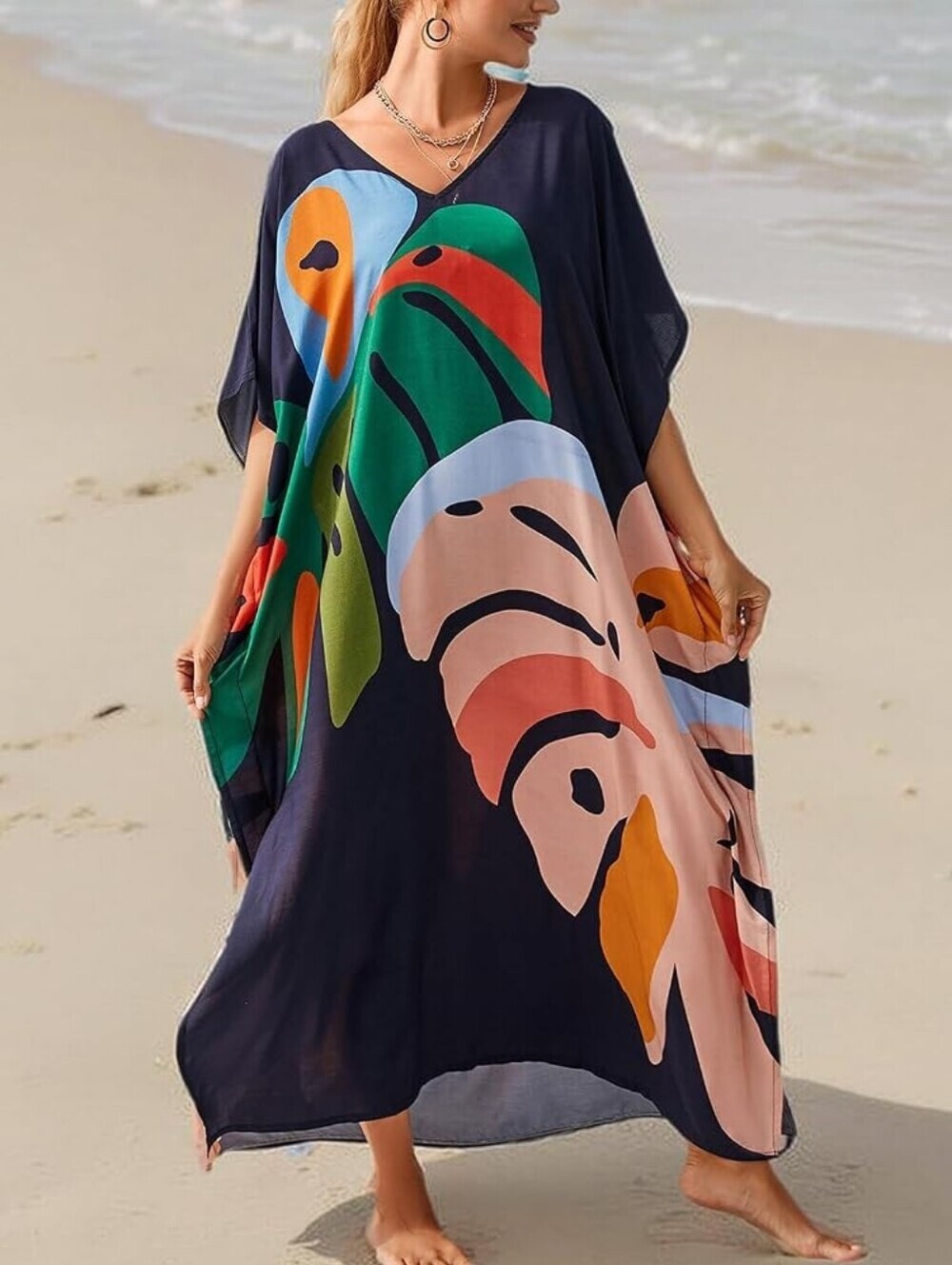 Multicolor Print V-Neck Kaftan Dress Coverup